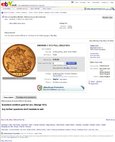 stephclaire.m Gold Sovereign eBay Auction Listing